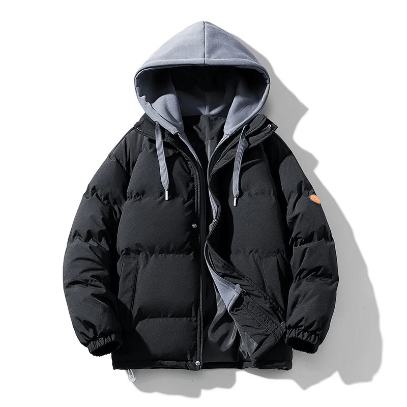 Fashionable warm unisex hooded down jacket with detachable hood, perfect for winter. Style SF1938, black color, casual and trendy.
